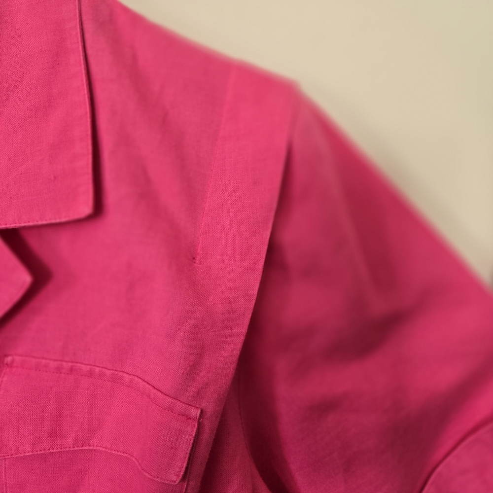 Bright Pink Gold Crown Button Blouse 80s Vintage Ramie Cotton Blend. Cuff Sleeve - Picture 3 of 7